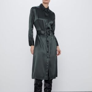 Zara Satin Effect Womens Dark Green Shirt Dress SZ XS